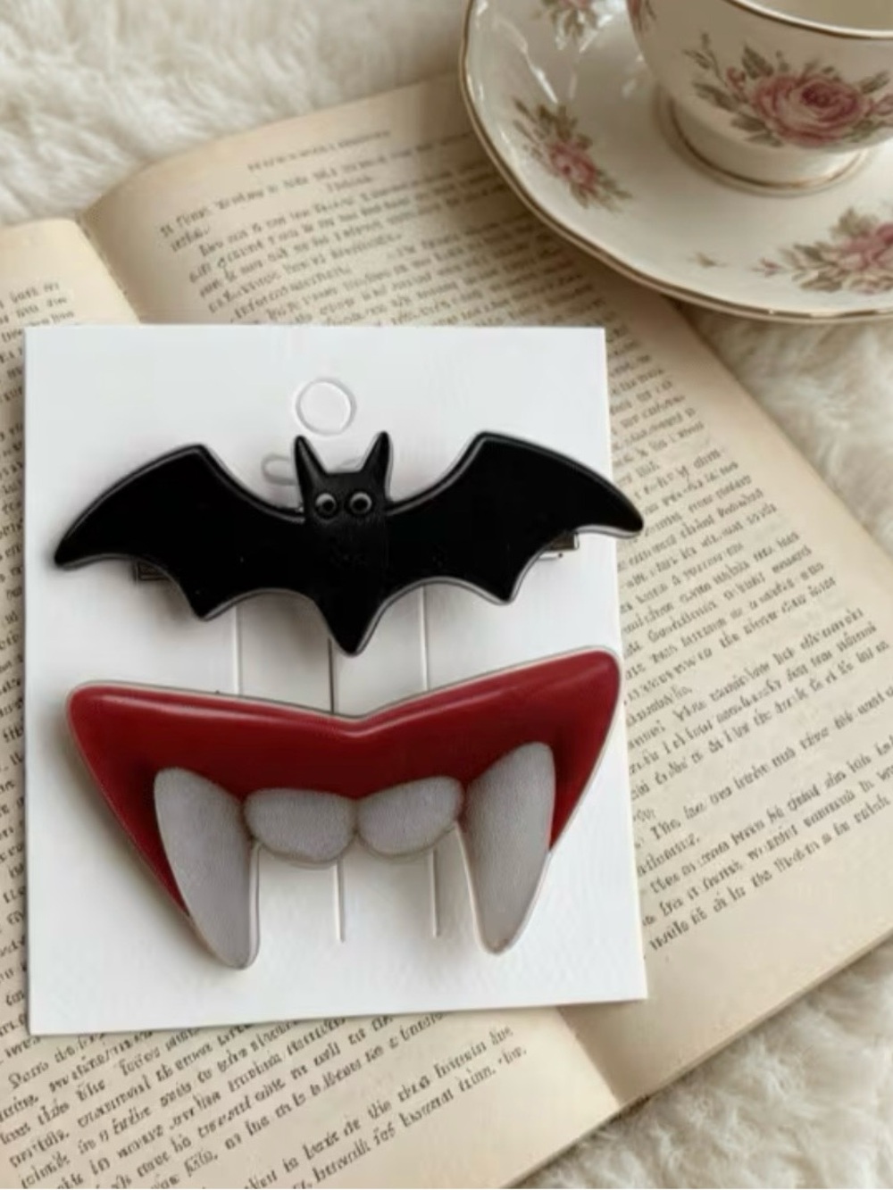 NWT Black Bat and Red Vampire Teeth Hair Clips, Hair Accessories, Halloween Hair
